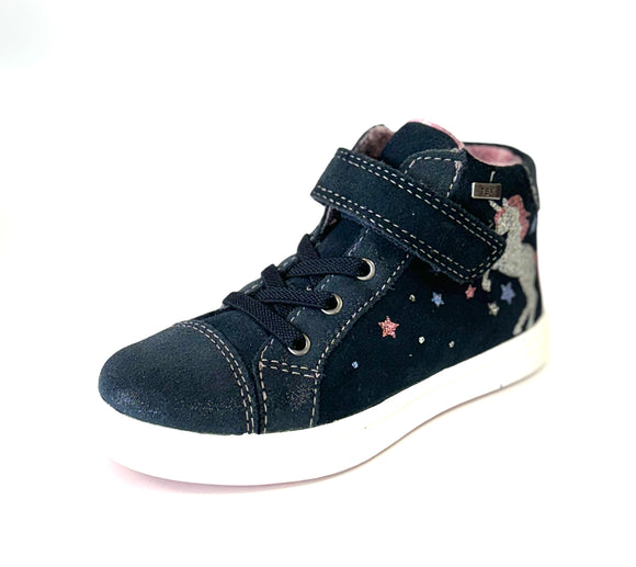 TT KIDS JODIE TEX UNICORN WATERPROOF NAVY ELASTICATED LACE/ VELCRO HI TOP